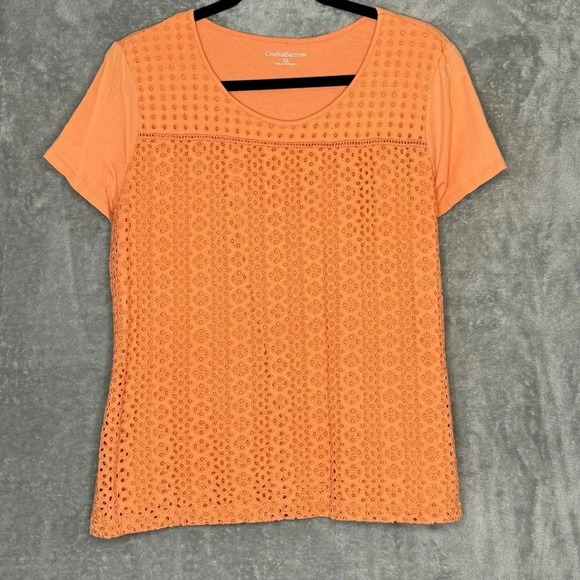 Croft & Barrow XL Shirt Top Orange Solid Short Sleeve Scoop Neck Lace Over Knit - Picture 1 of 7